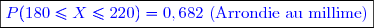 \boxed{\color{blue} P(180 \le X \le 220)= 0,682\text{ (Arrondie au millime)}}